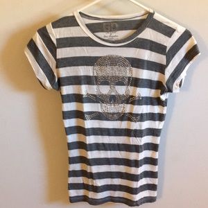 Pirate Skull Gray/White Stripe Rhinestone Top